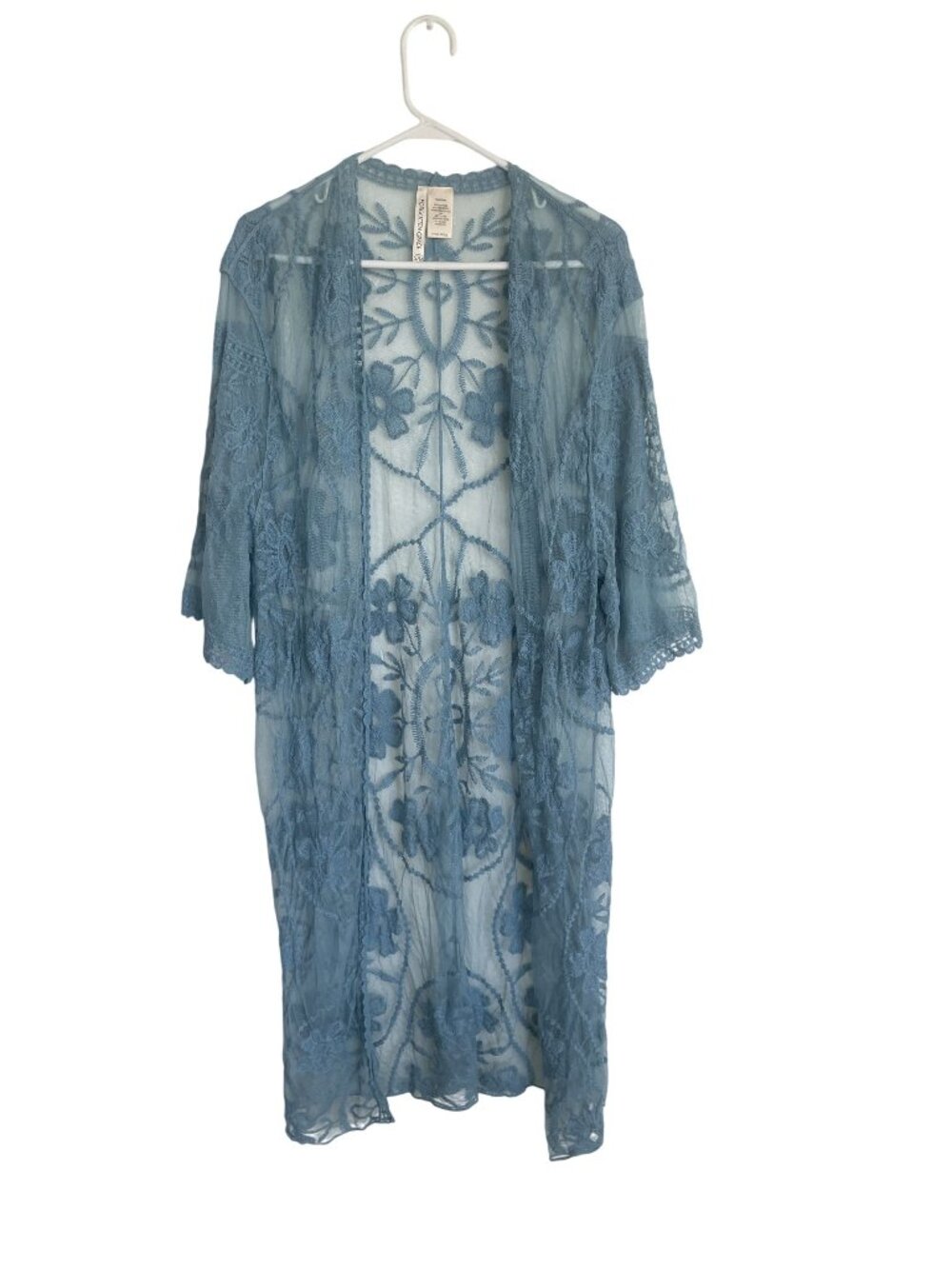 Sheer Blue Floral Lace Kimono Cardigan By Forgotten Grace S/M Open Front